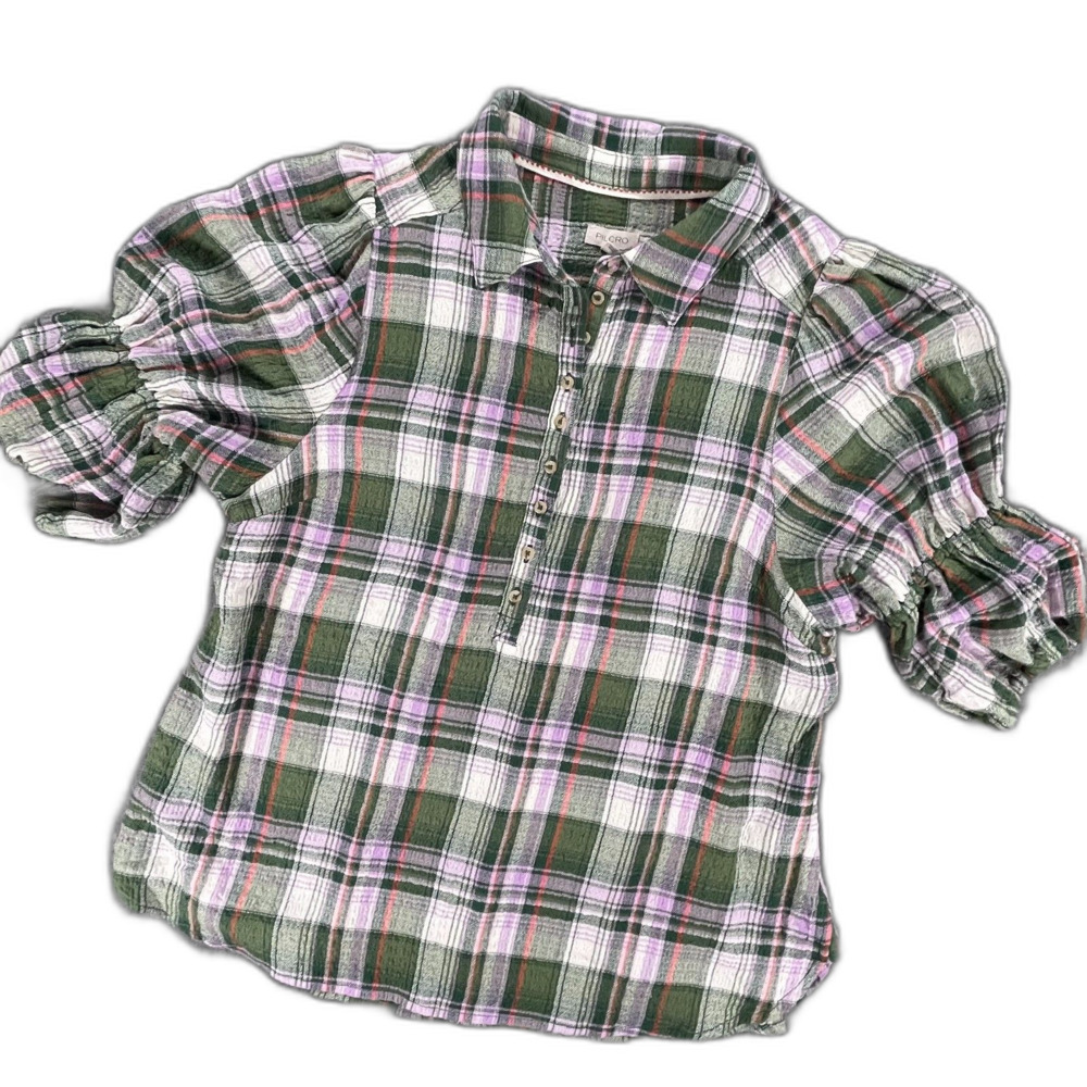 Anthropologie Pilcro Tallulah Puff-Sleeve Plaid Buttondown Top S Green Blouse